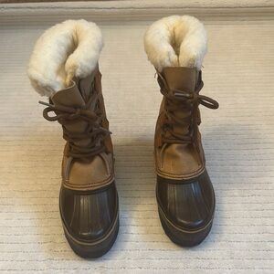 Sorel Brown and Cream Winter Rain Boots with Faux Fur